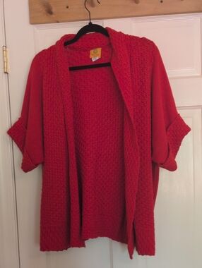 Ruby Rd. Coral-Red Open Front Knit Cardigan